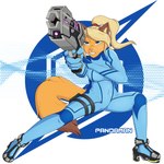 action_pose alternate_species anthro blue_eyes bodysuit breasts clenched_teeth clothing exposure_variation female footwear foreshortening front_view furrification gun hair high_heels holster ponytail pose ranged_weapon shoes skinsuit solo spread_legs spreading teeth tight_clothing weapon pandazar metroid metroid_prime nintendo samus_aran domestic_cat felid feline felis mammal 1:1 signature