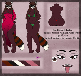 ahegao anthro big_breasts bikini breasts brown_body brown_eyes clothing curvy_figure dress female looking_at_viewer looking_pleasured multiple_angles smile swimwear text thick_thighs two-piece_swimsuit wide_hips mauraasura jane_parker ailurid hybrid mammal procyonid raccoon red_panda absurd_res english_text hi_res model_sheet