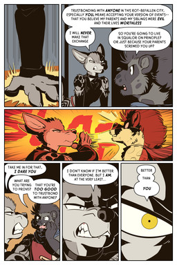 ambiguous_gender anthro border claws clothing collar dialogue duo female furniture narrowed_eyes onomatopoeia slamming slap snarling sound_effects table tattoo teeth text tongue torn_clothing white_border rick_griffin ideka toka_(rick_griffin) canid canine canis hyena mammal wolf 2024 2:3 comic english_text hi_res