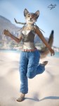 anthro beach braided_hair claws clothing denim denim_clothing female hair happy paws pose running smile smiling_at_viewer solo tail reaching_art naala canid canine canis mammal wolf 9:16 hi_res