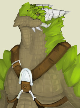 anthro brown_leather green_body green_eyes green_plates green_scales harness horn looking_at_viewer male plate scales simple_background solo ysulyan blizzard_entertainment european_mythology mythology warcraft ysulyan_(ysulyan) dracthyr dragon mythological_creature mythological_scalie scalie western_dragon hi_res
