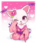 abstract_background accessory anthro asian_clothing bandai_namco blep blush breasts clothing digimon digimon_(species) east_asian_clothing felid female flower gatomon hair_accessory hairpin heart_eyes heart_symbol hi_res japanese_clothing kimono long_tail looking_at_viewer mammal one_eye_closed plant purple_eyes seductive simple_background small_breasts smile solo tail tongue tongue_out toryex wink