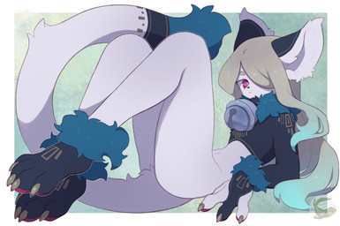 ambiguous_gender anthro bell bell_collar blonde_hair claws collar finger_claws fur golden_claws hair long_hair lying navel on_back red_eyes solo tail toe_claws white_body white_fur mochiri felid mammal absurd_res hi_res