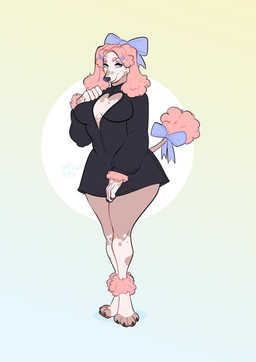 accessory anthro big_breasts blue_bow bow_(feature) bow_accessory bow_ribbon breasts cleavage_cutout clothed clothing cutout female furgonomics hair_accessory hair_bow hair_ribbon pink_eyes ribbons solo tail tail_accessory tail_bow tail_ribbon wide_hips nastypasty canid canine canis domestic_dog mammal poodle absurd_res hi_res