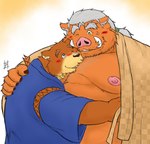 anthro belly big_belly blush brown_body duo hug jinbei_(clothing) kemono male male/male moobs nipples one_eye_closed overweight overweight_male pochizizi bear mammal suid suine sus_(pig) wild_boar 2022 hi_res