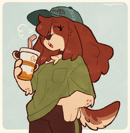 anthro bottomwear breath casual_clothing clothed clothed_anthro clothed_female clothing collar container countershading cup drinking_straw eyelashes female female_anthro hat headgear headwear pants shirt simple_background tail topwear puppeypawbs maple_(puppeypawbs) bird_dog canid canine canis domestic_dog hunting_dog mammal spaniel 2025 hi_res