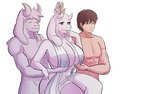 anthro big_breasts breasts brown_hair carrying_breast clothed clothing eyes_closed female fur group hair holding_breast horn male mature_female parody partially_clothed purple_eyes trio nuebark record_of_ragnarok servants_holding_aphrodite's_breasts_(meme) undertale undertale_(series) aphrodite asriel_dreemurr frisk_(undertale) toriel animal_humanoid boss_monster_(undertale) bovid caprine human humanoid mammal mammal_humanoid hi_res