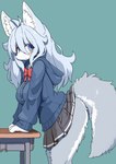 anthro blue_eyes blush bottomwear breasts clothed clothing desk female female_anthro fluffy fur furniture grey_body grey_fur hair hoodie kemono long_hair looking_at_viewer multicolored_body multicolored_fur school_uniform silver_hair skirt solo table tail tail_under_skirt topwear two_tone_body two_tone_fur uniform white_body white_fur koorinezumi canid canine canis mammal wolf 2024 digital_media_(artwork) hi_res