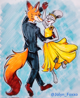 3_toes anthro barefoot black_pawpads clothed clothing dancing dress duo feet female fur grey_body hand_holding happy holding_partner male pawpads paws plantigrade simple_background smile soles suit tail toes jolyn_foxxo disney zootopia judy_hopps nick_wilde canid canine fox lagomorph leporid mammal rabbit red_fox true_fox hi_res painting_(artwork) traditional_media_(artwork) traditional_painting_(artwork) traditional_watercolor_(artwork) watercolor_(artwork)