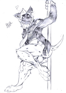 3_fingers 3_toes anthro anus balls bedroom_eyes biped bottomless butt claws clothed clothing dancing eyebrows feet fingers fishnet_clothing fishnet_topwear fur genitals half-closed_eyes hand_on_leg heart_symbol inner_ear_fluff jacket leather leather_clothing leather_jacket leather_topwear male markings narrowed_eyes necktie one_ear_up open_clothing open_jacket open_topwear pole pole_dancing raised_arm raised_eyebrow seductive sharp_teeth simple_background smile smirk smug snout solo spots spotted_body spotted_fur teeth text toe_claws toes topwear tuft underbite white_background hopelesshighschool aggretsuko sanrio haida_(aggretsuko) hyena mammal spotted_hyena 2019 black_and_white character_name english_text full-length_portrait graphite_(artwork) hi_res monochrome portrait traditional_media_(artwork)