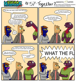 anthro blush clothing cochlear_implant_processor deaf dialogue female fused_arms jacket male shirt shocked simple_background text topwear baristagamerproductions ada_(gem_hunters) alfonso_(gem_hunters) phoebe_(gem_hunters) canid canine canis dingo felid feline mammal reptile scalie snake absurd_res comic english_text hi_res