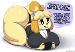 anthro ass_up big_breasts big_butt breasts butt cleavage clothed clothing dialogue female gaming huge_breasts huge_butt huge_thighs nipple_outline open_mouth panties profanity shirt smile solo speech_bubble t-shirt text thick_thighs topwear underwear ultrastax animal_crossing nintendo nintendo_switch isabelle_(animal_crossing) canid canine canis domestic_dog mammal shih_tzu toy_dog 2022 absurd_res english_text hi_res