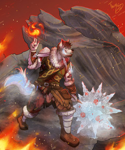 adventure adventurer anthro armor beard blood bodily_fluids boots clothing detailed_clothing dynamic elemental_manipulation energy_orb facial_hair fantasy fantasy_art fight fighting_pose fire footwear fur_clothing genitals glowing_effects heroic ice leather leather_clothing magic magic_user male male/male medieval medieval_armor medieval_clothing medieval_style mountain penis penis_out_of_underwear penis_poking_out pose red_background shoes simple_background smile solo spell thick_penis vein veiny_penis warrior wounded theo_young canid canine canis mammal wolf absurd_res hi_res