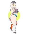 abstract_background anthro baggy_socks beanie big_butt bottomwear breasts butt clothing crop_top denim denim_bottomwear denim_clothing denim_shorts female floppy_ears footwear fur hat headgear headwear hooves horizontal_pupils looking_at_viewer open_mouth pupils shirt shorts side_view simple_background socks solo topwear white_body white_fur sori0414 bovid caprine goat mammal 2025 digital_drawing_(artwork) digital_media_(artwork) hi_res