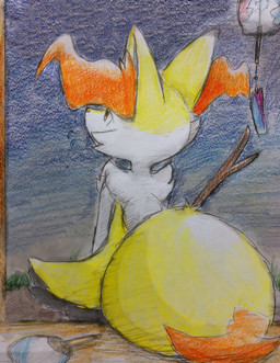 ambiguous_anthro ambiguous_gender anthro big_tail biped detailed_background dipstick_tail markings object_in_tail outside paper_fan porch rear_view sitting snout solo stick stick_in_tail tail tail_markings wind_chime eiroru nintendo pokemon braixen canid generation_6_pokemon mammal pokemon_(species) 2018 colored_pencil_(artwork) colored_sketch graphite_(artwork) hi_res japanese_description sketch traditional_media_(artwork) translated_description