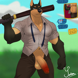 anthro balls biceps bottomwear clothed clothing erection fur genitals holding_object holding_stick humanoid_genitalia humanoid_penis male message message_box muscular muscular_anthro muscular_male open_bottomwear open_clothing open_pants pants pecs penis shirt smile solo standing stick teeth text text_box text_message texting topwear yetsu epic_games fortnite duke_(fortnite) canid canine canis dobermann domestic_dog mammal pinscher 1:1 digital_media_(artwork) english_text hi_res