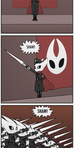 anthro army boots cape clone clothing dialogue female flag footwear gesture hat headgear headwear holding_object holding_weapon identical_twins military_cap military_uniform nazi nazi_uniform needle_and_thread parody platform salute shoes solo uniform weapon e254e hollow_knight_(franchise) team_cherry hornet_(hollow_knight) arthropod absurd_res hi_res