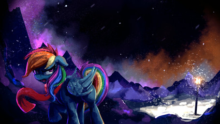angry blue_body blue_feathers dark eyelashes feathered_wings feathers female feral floppy_ears frown hair hooves light multicolored_hair night nude open_mouth outside purple_eyes rainbow_hair raised_leg scarf sky snow snowing solo star starry_sky street_lamp tongue walking wings winter thefloatingtree friendship_is_magic hasbro my_little_pony mythology rainbow_dash_(mlp) equid equine mammal mythological_creature mythological_equine pegasus 16:9 2016 widescreen