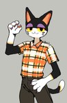 anthro bottomwear broad_shoulders claws clothed clothing half-closed_eyes looking_at_viewer male mouth_closed narrow_hips narrowed_eyes pants pattern_clothing pattern_shirt pattern_topwear pawpads plaid plaid_clothing plaid_topwear shirt simple_background smile solo tail topwear nesuki-r animal_crossing nintendo punchy_(animal_crossing) domestic_cat felid feline felis mammal absurd_res digital_media_(artwork) hi_res