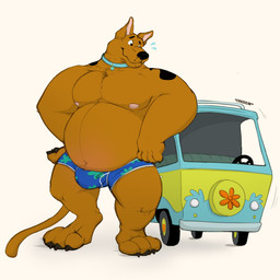 4_fingers 4_toes anthro anthrofied areola barefoot belly biped black_claws black_markings black_nose black_spots black_text blue_clothing blue_collar blue_underwear bodily_fluids brown_body brown_fur bulge chest_tuft claws clothed clothing collar digitigrade feet finger_claws fingers front_view fur fur_markings leaning_on_object long_tail looking_away looking_down macro male markings medium_truck monotone_body monotone_fur motion_lines musclegut muscular muscular_anthro muscular_male mystery_machine nipples onomatopoeia overweight overweight_anthro overweight_male paws pecs pink_areola pink_nipples simple_background solo sound_effects spots standing sweat tail text thin_tail three-quarter_view toe_claws toes topless topless_male truck tuft underwear van vehicle white_background wide_eyed worried mosin hanna-barbera scooby-doo_(series) scooby-doo canid canine canis domestic_dog great_dane mammal mastiff molosser 1:1 2021 digital_media_(artwork) english_text full-length_portrait hi_res portrait shaded