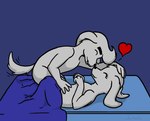 anthro bed bed_sheet bedding belly_rub boop duo eyes_closed female fur furniture happy headpat heart_symbol love male male/female nose_boop nude petting pompadour simple_background smile tail tail_motion tailwag white_body white_fur dashraptor undertale undertale_(series) dogamy dogaressa canid canine canis domestic_dog mammal