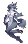 4_toes ankle_tuft anthro arm_tuft black_pawpads breasts chest_tuft claws countershade_feet countershading crotch_tuft elbow_tuft featureless_breasts feet female female_anthro fluffy fur green_eyes grey_body grey_fur hindpaw kemono leg_tuft looking_at_viewer navel nude open_mouth pawpads paws plantigrade simple_background soles solo toe_claws toes tuft underpaw white_background white_body white_fur white_soles shiiorina canid canine canis mammal wolf absurd_res hi_res