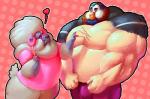 anthro anthro_on_anthro beard belly biceps blush bottomless bottomwear bulge clothed clothing cloven_hooves duo facial_hair facial_piercing flirting food heart_symbol hooves horn larger_male male male/male musclegut muscular muscular_male nose_piercing nose_ring one_eye_closed overweight overweight_male pants pecs piercing ring_piercing shirt simple_background size_difference smaller_male smile t-shirt teeth tooth_gap topless topwear wink blazingcheecks pocky jesse_(blazingcheecks) anatid anseriform avian bird bovid caprine domestic_sheep duck mammal sheep