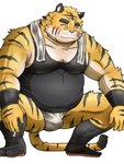 anthro asian_clothing belly blush clothing east_asian_clothing fundoshi japanese_clothing kemono male moobs overweight overweight_male pink_nose simple_background solo towel towel_around_neck underwear white_background white_clothing white_fundoshi white_underwear inunodaidokoro felid mammal pantherine tiger 2024 absurd_res hi_res