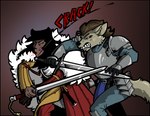 anthro armor blood bodily_fluids duel duo female fight gradient_background half-swording knight melee_weapon simple_background snarling sound_effects sword text warrior weapon wounded labjer jaclyn_(revertigo) sandra_(labjer) canid canine canis domestic_dog human husky hybrid mammal nordic_sled_dog spitz wolf wolfdog colored