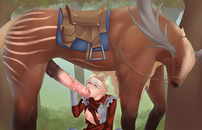 animal_genitalia animal_penis bestiality big_penis breasts bridle brown_body brown_fur detailed_background duo equine_genitalia equine_penis erection fellatio female female_on_feral feral forest fur genitals humanoid_on_feral interspecies male male/female male_on_humanoid mount mount/rider_relations open_mouth oral penile penis plant reins rider saddle servicing_from_below sex tree yorunekomata bioware dragon_age electronic_arts deer elf halla_(species) humanoid mammal
