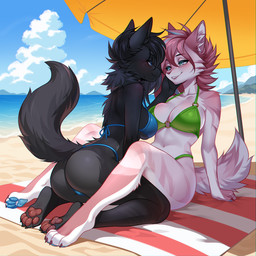 4_toes anthro anthro_on_anthro arm_markings barefoot beach beach_towel beach_umbrella bedroom_eyes big_breasts bikini black_body black_claws black_eyebrows black_fur black_hair black_nose blue_bikini blue_clothing blue_eyes blue_highlights blue_pawpads blue_pupils blue_sky blue_swimwear blush blush_lines breasts brown_highlights brown_markings butt claws closed_smile clothed clothed_anthro clothed_female clothing cloud countershade_arms countershade_butt countershade_face countershade_feet countershade_fur countershade_hands countershade_legs countershade_neck countershade_tail countershade_torso countershading day duo eye_contact eyebrow_through_hair eyebrows eyelashes eyelashes_through_hair facial_markings feet female female/female female_anthro fingers fur green_bikini green_clothing green_swimwear grey_body grey_countershading grey_fur grin hair hand_on_another's_cheek hand_on_another's_face hand_on_cheek hand_on_face head_markings highlights_(coloring) hindpaw humanoid_hands inner_ear_fluff kneeling leg_markings light looking_at_another looking_at_partner love markings mountain mouth_closed multicolored_body multicolored_fur narrowed_eyes navel o-ring_bikini parasol pawpads paws pink_body pink_fur pink_hair pink_markings pink_nose pink_stripes pupils purple_claws red_pawpads relaxing romantic romantic_couple sand sea seductive shadow shoulder_markings sitting sky slit_pupils smile smiling_at_another smiling_at_partner string_bikini striped_body striped_fur striped_markings striped_tail stripes summer sunlight swimwear tail tail_markings three-quarter_view toe_claws toes touching_face towel translucent translucent_hair tuft two-piece_swimsuit water white_body white_countershading white_fur white_inner_ear white_inner_ear_fluff white_sclera white_tuft agrixxx canid canine fox mammal 1:1 hi_res