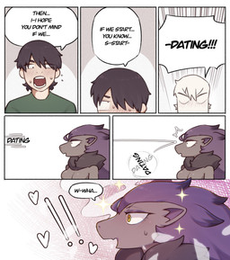 anthro biped black_body black_fur blush bodily_fluids breasts dialogue duo exclamation_point featureless_breasts female female_anthro front_view fur grey_body grey_fur heart_symbol male male_human multicolored_body multicolored_fur open_mouth pupils purple_body purple_fur standing sweat text svkhaiminh nintendo pokemon camille_(svkhaiminh) kyle_(svkhaiminh) generation_5_pokemon human mammal pokemon_(species) shiny_pokemon zoroark comic english_text hi_res