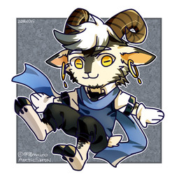 abstract_background anthro black_body black_bottomwear black_clothing black_fur black_hooves black_pants blue_clothing blue_scarf blue_topwear bottomwear brown_horn cheek_tuft chibi closed_smile clothed clothing facial_tuft fur grey_hair hair hooves horizontal_pupils horn male mouth_closed multicolored_hair pants pupils scarf smile solo three-quarter_view topwear tuft two_tone_hair white_body white_clothing white_fur white_hair white_topwear yellow_eyes asnnonaka bovid caprine goat mammal 1:1 full-length_portrait portrait signature