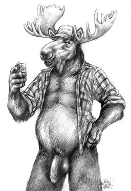 anthro antlers balls baseball_cap beverage beverage_can bottomless bottomless_anthro bottomless_male clothed clothing fur genitals hat headgear headwear holding_beer holding_beverage holding_object horn humanoid_genitalia humanoid_penis looking_at_viewer male open_clothing open_shirt open_topwear penis rolled_up_sleeves shirt simple_background slightly_chubby solo standing teeth_showing text text_on_clothing text_on_hat text_on_headwear topwear wearing_hat white_background blotch scratches_volume_5 deer mammal moose new_world_deer 2011 hi_res monochrome portrait three-quarter_portrait traditional_media_(artwork)