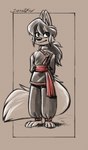 anthro barefoot big_ears big_eyes big_tail comic_panel feet fluffy fluffy_hair fluffy_tail hair hands_behind_back head_hair head_tuft highlights_(coloring) hindpaw kung_fu looking_back martial_arts martial_arts_uniform paws sash simple_background simple_coloring smile solo sportswear tail tan_background tuft softailfox canid canine fox mammal absurd_res black_and_white digital_drawing_(artwork) digital_media_(artwork) hi_res monochrome sketch