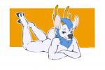 anthro antlers arms_bent bent_legs black_nose blue_body blue_eyes blue_fur blue_hair calves_up crossed_arms fur hair half-closed_eyes hooves horn looking_at_viewer lying male narrowed_eyes neck_tuft nude on_front orange_background raised_calf simple_background solo tuft white_background white_body white_fur zereno edouard_elrich deer mammal 2017 3:2 full-length_portrait hi_res portrait