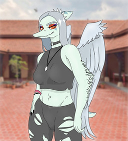 anthro choker clothing crotch_lines detailed_background feathered_wings feathers female grey_hair hair jewelry midriff nails necklace o-ring orange_eyes solo standing torn_clothing wings chingodile cavemanon_studios goodbye_volcano_high ko_op_(game_developer) snoot_game fang_(gvh) feathered_scalie prehistoric_species pterosaur reptile scalie hi_res