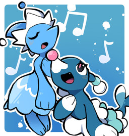 ambiguous_gender blue_body blue_tail clothing dress duo feral hat headgear headwear open_mouth pink_nose singing tail white_body letaslettuce deltarune nintendo pokemon undertale_(series) brionne darkner generation_7_pokemon humanoid mizzle_(deltarune) pokemon_(species) 2025 crossover hi_res