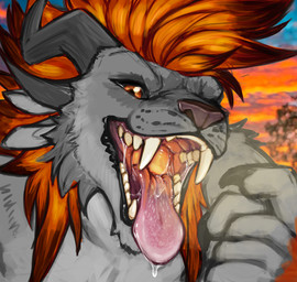 anthro arm_tuft black_lips blurred_background bodily_fluids brown_nose detailed_mouth drooling ears_back fangs fur glistening glistening_eyes grey_body grey_fur grey_horn hair horn lips looking_at_viewer male mouth_shot narrowed_eyes nude open_mouth orange_eyes orange_hair orange_sky outside pink_tongue pivoted_ears pointing_at_mouth saliva saliva_on_tongue saliva_string shoulder_tuft sky solo teeth tongue tuft unsigned acidic guild_wars charr felid mammal bust_portrait hi_res portrait