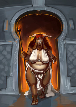 accessory anthro belly big_breasts breasts brown_body clothed clothing curly_hair eyes_closed fantasy female hair headband horn horn_jewelry jewelry larger_anthro larger_female navel partially_clothed red_headband sheep_horns size_difference solo thick_thighs torch torch_light white_clothing purplebirdman bovid caprine mammal sheep 2026 colored colored_sketch detailed digital_drawing_(artwork) digital_media_(artwork) full-length_portrait hi_res portrait shaded sketch
