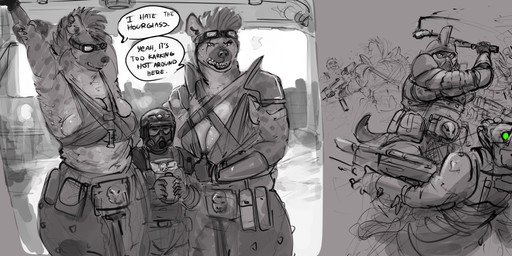 anthro armor big_breasts breasts clothed clothed_anthro clothed_female clothed_human clothed_male clothing eyewear eyewear_on_head female fight fingerless_gloves fur gloves goggles goggles_on_head group gun hair handwear headgear helmet male male/female markings ranged_weapon rifle spots spotted_body spotted_fur text weapon doctordj darktide warhammer_(franchise) warhammer_40000 human hyena mammal absurd_res english_text hi_res