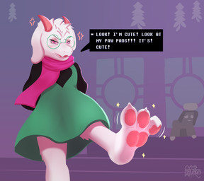 3_toes angry anthro dialogue eyewear feet foot_fetish foot_focus glasses hands_behind_back hindpaw male pawpads paws scarf simple_background solo speech_bubble toes omalakai deltarune undertale_(series) ralsei hi_res