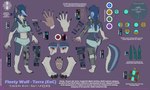 beads blue_hair braided_hair breasts claws clothing echoes_of_choice hair horn jewelry mohawk pendant piercing red_eyes scar science_fiction tail underwear fleety_(artist) fleety_(character) canid canine canis mammal valkwulf wolf absurd_res hi_res model_sheet herm_(lore)