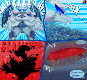 angry anthro back_wings battle belt belt_buckle blood blood_splatter blood_stain blue_background blue_body blue_bottomwear blue_clothing blue_eyes blue_pants blue_scales bodily_fluids bottomwear breasts buckle clenched_teeth clothing coat colored_blood crying_blood dialogue electricity electricity_manipulation elemental_manipulation eye_flame eye_markings fangs fantasy female feral fight flying gloves glowing glowing_eyes glowing_horn glowing_wings greatsword hair handwear highlights_(coloring) holding_melee_weapon holding_object holding_sword holding_weapon horn insignia knee_pads long_hair magic_user markings melee_weapon motion_lines muscular muscular_female pants red_background red_eyes red_hair sabertooth_(anatomy) scales screaming shoulder_pads silhouette silhouetted_body simple_background spikes spikes_(anatomy) sword talking_to_another teeth text topwear unusual_blood unusual_bodily_fluids ventral_scales weapon white_clothing white_coat white_hair white_topwear wings yellow_blood stylish_apollo heart_of_the_lands mythology zenchi_hasagami dragon mythological_creature mythological_scalie scalie sea_monster sea_serpent comic hi_res story story_in_description