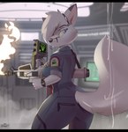 anthro black_border blue_eyes border breasts female fire flamethrower hair hair_over_eye inside looking_back one_eye_obstructed ranged_weapon solo tail weapon hinget alien_(franchise) sabrina_frost canid canine fox mammal 2023 absurd_res artist_name digital_media_(artwork) hi_res widescreen