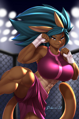 anthro big_breasts bra breasts clothed clothing female fighting_pose fighting_ring hair hand_wraps kick looking_at_viewer muscular muscular_female on_one_leg pose solo sports_bra standing underwear wraps pakwan008 haplorhine hybrid lagomorph leporid mammal monkey primate rabbit 2020 hi_res