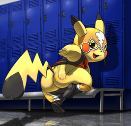 bench big_butt black_nose blush butt butt_slap chibi cleft_tail clothed clothing cosplay_pikachu_(costume) female feral footwear locker locker_room looking_back mask motion_lines on_bench open_mouth reflection slap slapping_own_butt slapping_self smile solo tail lkiws nintendo pokemon cosplay_pikachu_(character) pikachu_libre generation_1_pokemon mammal pikachu pokemon_(species) 2018 hi_res
