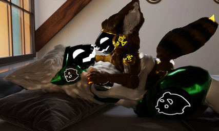 anthro bedroom cuddling duo female fluffy fur machine male male/female shark_tail stinger white_body white_fur 1nar protogen 3d_(artwork) digital_media_(artwork) hi_res