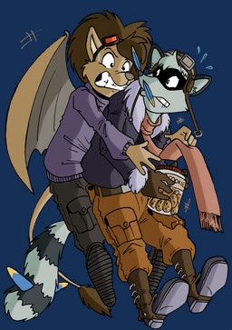 angry anthro back_wings black_bottomwear black_clothing black_pants boots bottomwear brown_boots brown_bottomwear brown_clothing brown_footwear brown_jacket brown_pants brown_topwear clothing duo eyewear eyewear_on_head flight_jacket footwear goggles goggles_on_head jacket male pants purple_clothing purple_sweater purple_topwear scarf shoes sweater topwear wings salmacisreptile casandro fokker_(raccoon) felid lion mammal pantherine procyonid raccoon alpha_channel