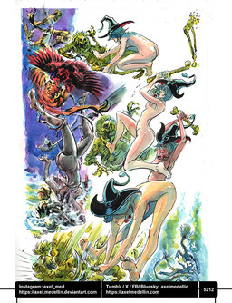 5_fingers 5_toes ambiguous_feral ambiguous_gender ambiguous_humanoid arms_bent beak bent_leg bent_legs black_beak black_body black_clothing black_feathers black_hat black_headwear black_wings blue_eyes blue_hair blue_sky blue_tail breasts broom butt cleaning_tool clothed clothed_female clothed_humanoid clothing convenient_censorship crouching doll dress empty_eye_sockets empty_eyes eyelashes eyewear feathered_wings feathers feet female female_human female_humanoid feral fight fin fingers flying furrowed_brow furrowed_eyebrows goggles goggles_around_neck green_body green_clothing green_dress green_hat green_headwear hair hat headgear headwear holding_bone holding_melee_weapon holding_object holding_weapon inanimate_transformation larger_ambiguous larger_feral light liminal_spaces lying magic_user melee_weapon midair mostly_nude mostly_nude_female mostly_nude_human motion_lines mouth_closed not_furry number on_front outside petrification punch red_body red_feathers red_sclera rope simple_background size_difference sky small_breasts smaller_female smaller_humanoid smile split_form standing swimming tail tail_fin tan_body tan_skin teeth text text_box toes transformation underwater voodoo voodoo_doll water weapon white_background wings witch witch_hat x_eyes axelmedellin inktober shapeshifter_(axelmedellin) voodoo_doll_(axelmedellin) witch_(axelmedellin) animate_inanimate avian bird ghost human humanoid living_doll mammal marine merfolk siren spirit 2025 artist_name colored dated english_description lighting multiple_scenes painting_(artwork) pen_(artwork) shaded signature traditional_media_(artwork) url